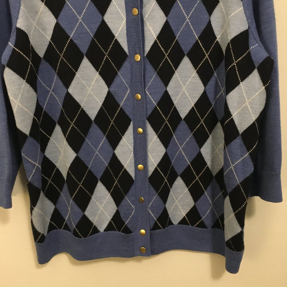 MERINO WOOL Blue Argyle Button Front Cardigan Sweater Plus Size 2X - Picture 5 of 15